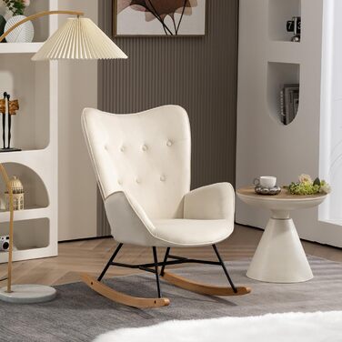 Крісло-гойдалка Cosy Meuble: стильне крісло для вітальні, спальні, балкону. Зручне, з підлокітниками, оббивка з бежевого велюру, до 120 кг, на дерев'яних колінах.
