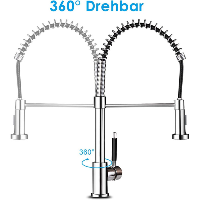 Змішувач для кухні COSTWAY з душем, спіральний пружинний змішувач для кухні, змішувач для раковини, змішувач для раковини одноважільний, рухомий вилив, реверсивний струмінь виливу, обертається на 360