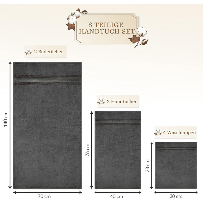 Набір рушників 100 бавовна, KO Tex, 550 GSM, м'який і абсорбуючий, антрацитово-сірий, 8 шт.