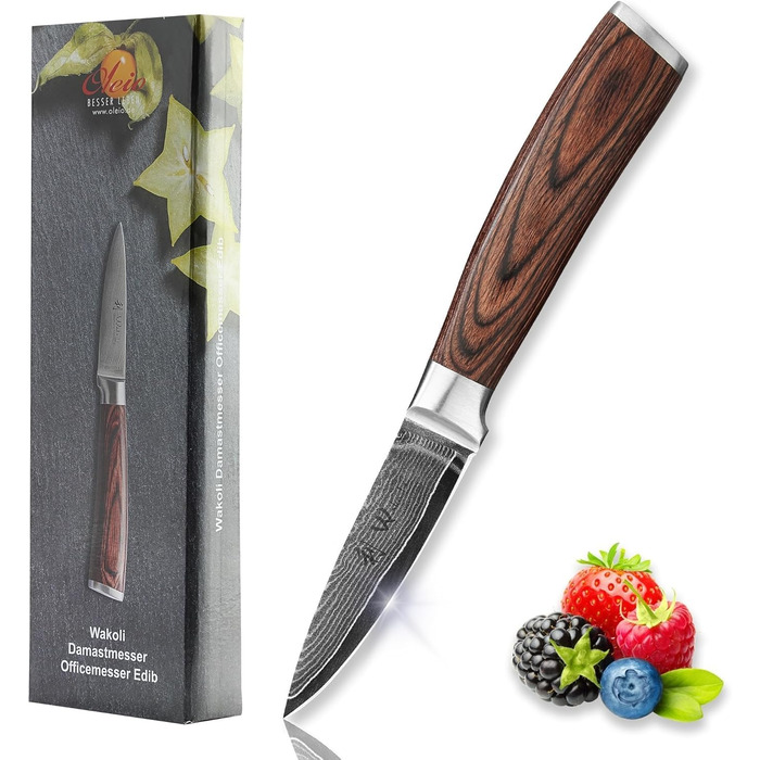 Ніж Wakoli EDIB офісний з дамаської сталі (серцевина VG10), 8,5 см - гострий та компактний. Підходить для кухні, фруктів та овочів. Дамаський ніж з ручкою з паккавуду в подарунковій коробці.