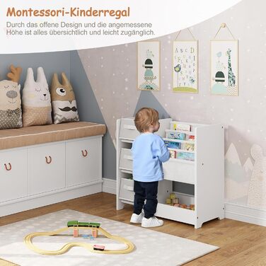 Поличка для дитячої кімнати Lestarain, органайзер для іграшок, 65x60x30 см, з 3 ящиками та 4 кишеньками, з масиву дерева МДФ, біла