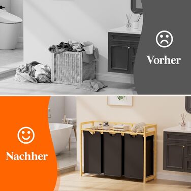 Кошик для білизни Lifewit з бамбуковим каркасом, 150л, 3 відділення, білий/чорний