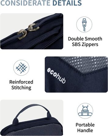 Набір компресійних органайзерів для валізи та рюкзака ECOHUB, 4 шт, з мітками та сіткою, темно-синій