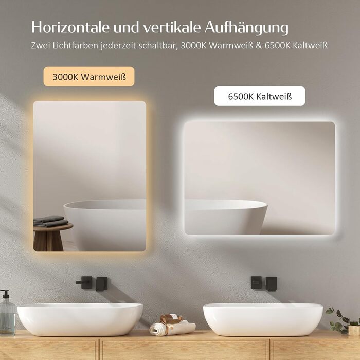 Дзеркало для ванної кімнати EMKE з підсвічуванням 40x60 см, антизапар, 2 кольори світла (тепле/холодне), вимикач-рейка, IP44, енергозберігаюче, захищене від вибуху