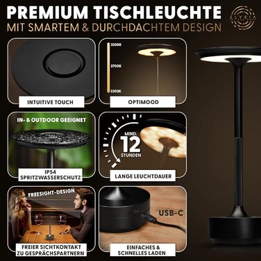 LED-лампа ELYSIA на акумуляторі, торшероподібна, диммування, бездротова, сенсорна панель, для внутрішнього та зовнішнього використання [IP54], тепле світло [2200K-2700K-3200K], USB-C, перезарядна, алюміній, чорна