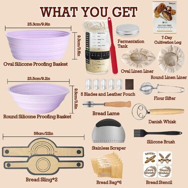 Набір для закваски Sauerteig: 650 мл скляний контейнер для бродіння, силіконові корзини для бродіння (круглі та овальні), 30-ти елементний набір для випікання хліба, легко миється та зберігається. Ідеальний подарунок для початківців та досвідчених пекарів