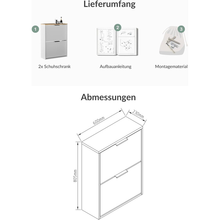 Взуттєва шафа Planetmöbel, вузька, з 6 полицями, 60 x 23 x 118 см, біло-сіра