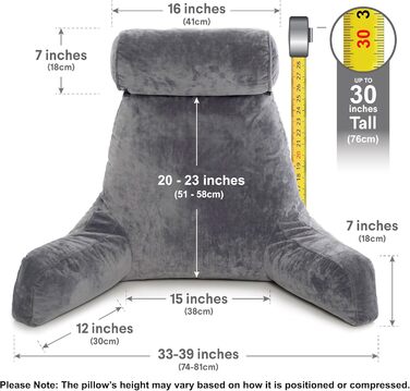 Подушка для чоловіків з підлокітниками - темно-сіра, преміум-якість, для читання та відпочинку в ліжку. Знімний валик для шиї, Memory Foam.