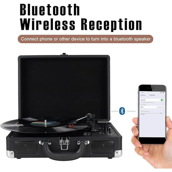 Вініловий програвач Bluetooth Vintage, 3 швидкості 33/45/78 об/хв, вбудовані стереодинаміки, RCA та AUX-вхід, чорний