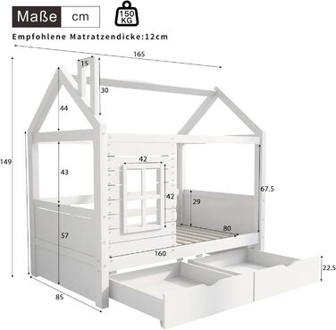 Дитяче ліжко 80x160 см з ящиками та віконцем, масивне дерев'яне ліжко з бортиками та ламелями, ліжко-будиночок для хлопчиків та дівчаток, ліжко-будиночок, ліжко для підлітків, без матраца, біле