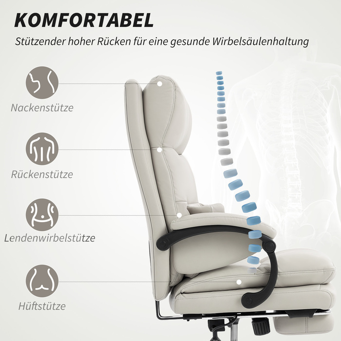 Крісло офісне HOMCOM з регулюванням висоти, з підтримкою попереку, підлокітниками та підставкою для ніг, обшите штучною шкірою, світло-сірого кольору