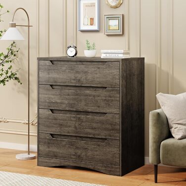 Комод Bealife для спальні з 4 великими шухлядами, шафа з шухлядами з вирізаними ручками та блокуванням від перекидання, ідеальний для вітальні, офісу (темно-сірий)