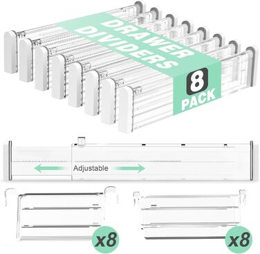 FUNIZE Регульовані роздільники для ящиків з вставками, 8 шт., роздільники 32-58 см + 16 шт. вставок 9-18 см, органайзер для ящиків, кухня, спальня, офіс, прозорий, 6 см висота