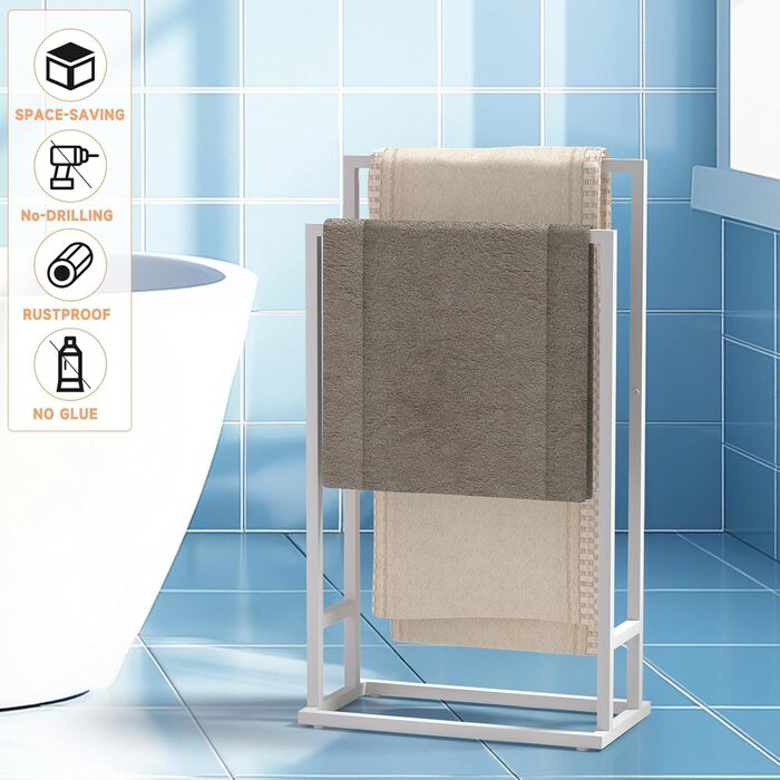 Підставка для рушників на підлозі, металева, з 2 перекладинами, для ванної кімнати, стабільна, економна, в індустріальному стилі (білий)