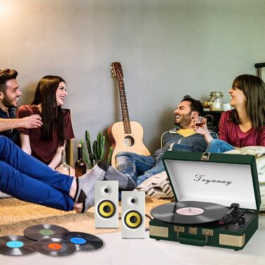 Вініловий програвач Trynnay 3-ступеневий Bluetooth у валізі, з вбудованими динаміками, покриття PU-шкіра, зелений, покращене аудіо
