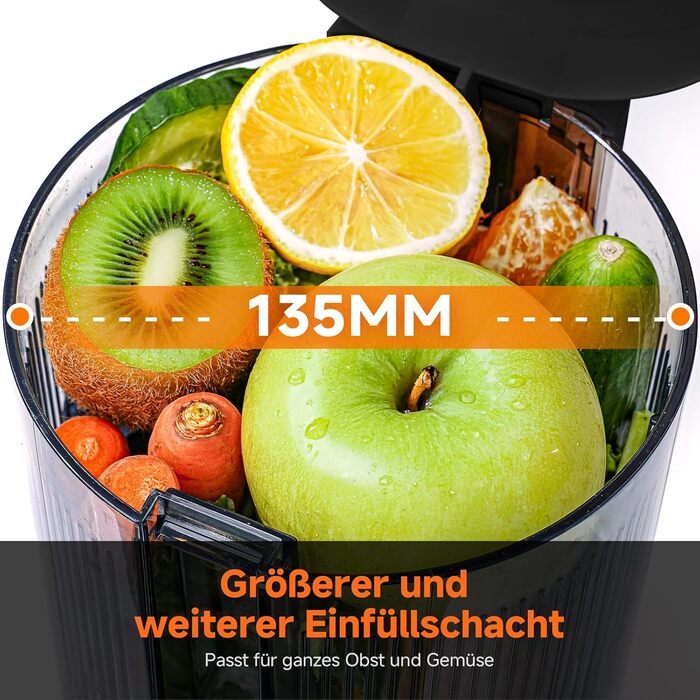 AOBOSI Повільнодіючий соковитискач з великою завантажувальною воронкою 135 мм, 200 Вт, холодний віджим, зворотний хід, потрійний фільтр, BPA-free, тихий, для свіжих соків з фруктів та овочів, чорний