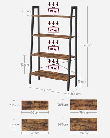 Полиця для сходів VASAGLE, 4 рівні, промисловий дизайн, сталевий каркас, горіх коричнево-чорний, 56x34x137.5 см