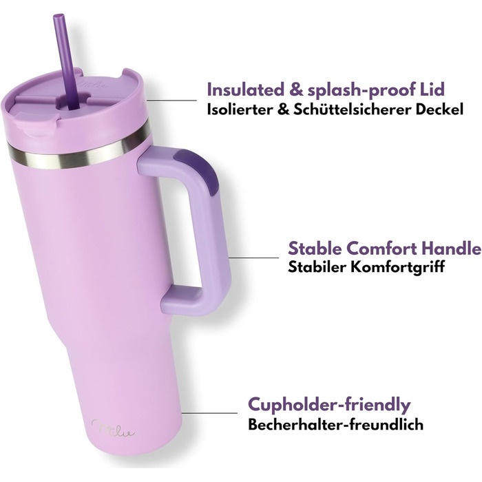 Термокружка Milu 1200 мл з трубочкою та ручкою – подарунок на Пасху для жінок та чоловіків | Подарунок тато, мама, друг, подруга | Подарунок на День батька, День матері | Подарунок для дідуся та бабусі (ліловий)