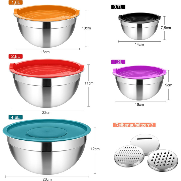 Набір мисок Homikit (5 шт.) з нержавіючої сталі з кришкою та силіконовим дном. Багатофункціональний, стековий, придатний для миття в посудомийній машині, 6.6L / 3.5L / 2.5L / 1.5L / 1L (Кольоровий, з 3 терками)