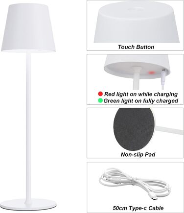 LED настільна лампа бездротова з акумулятором, 3 режими кольору, регулювання яскравості, сенсорне управління, USB-C зарядка, для дому, кемпінгу