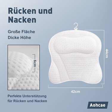 Подушка для ванни Aohcae, 4D подушка для шиї з гачком, 6 присосок, біла