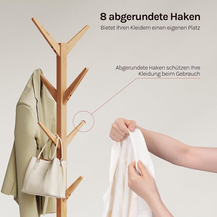 Вільхувана вішалка для одягу WOLTU з 8 гачками, 180 см, дерев'яна, настінна, для дому