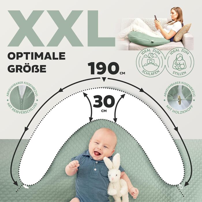 Подушка для вагітних та годування sei Design XXL 190x35 см, ергономічна подушка для сну з чохлом з органічної бавовни муслін (м'ятна)