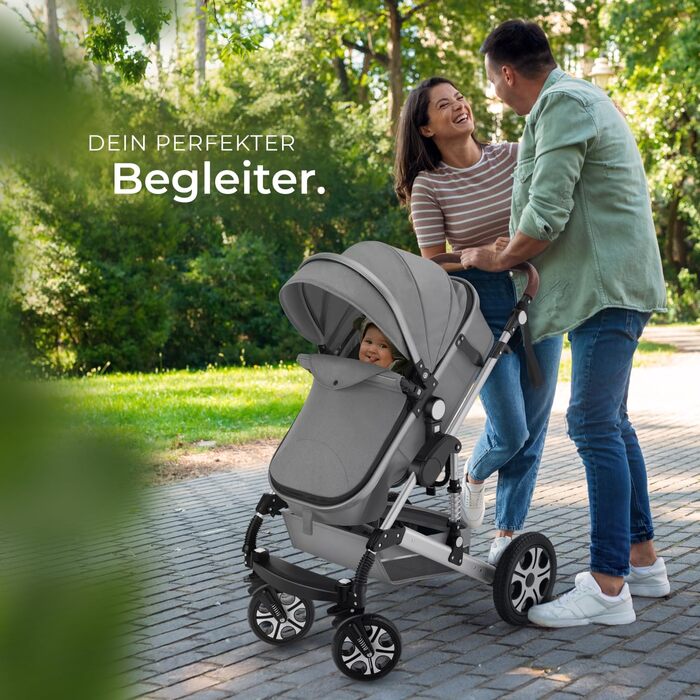 Дитяча коляска Tectake 2 в 1, розкладний візок-бугі з функцією ліжечка, з підставкою для ніг, візок з тримачем для напоїв, знімною колискою та дощовиком (Сірий)