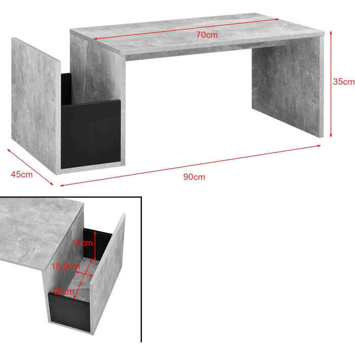 Журнальний стіл Bollns з відсіком для зберігання 90 x 45 x 35 Стіл для вітальні Журнальний столик (бетонний вигляд)