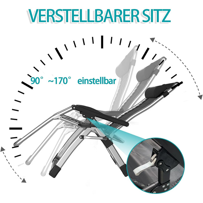 Розкладний шезлонг для відпочинку: зручний та міцний садовий стілець з регульованою спинкою (200 кг, срібний)