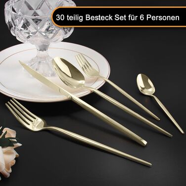 Набір столових приборів на 6 осіб, Targzier, 30 предметів, нержавіюча сталь, кольоровий, для кухні/готелю/ресторану, преміум-якість, придатний для миття в посудомийній машині (30 предметів, Champagne)