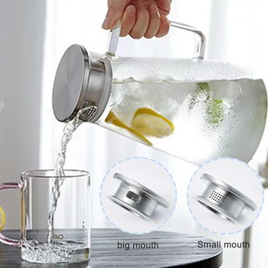 Скляний глечик Nutabevrd 2.3 л з нержавіючою кришкою, фільтром та ручками. Підходить для води, кави, молока, соку, вина та інших напоїв. Легко миється.