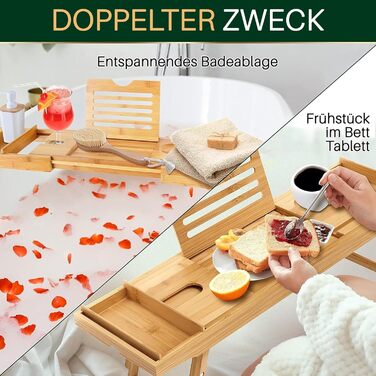 Підставка для ванни та ліжка SereneLife 2-в-1 – складане піднос для сніданку в ліжку та ванній з бамбука, водовідштовхувальний, регульований розмір – дерев'яна підставка для ванни, міцна спинка (складний, міцна спинка, подарунковий набір)