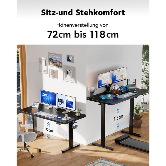 Регульований стіл HUANUO 160x80 см, електропривод, безщітковий мотор, ергономічний, для дому та офісу, чорний