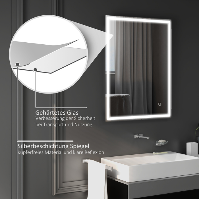 Дзеркало для ванної кімнати 90x70 см зі світлодіодним підсвічуванням, LED-дзеркало для стіни з функцією пам'яті та 3 кольорами світла, срібне