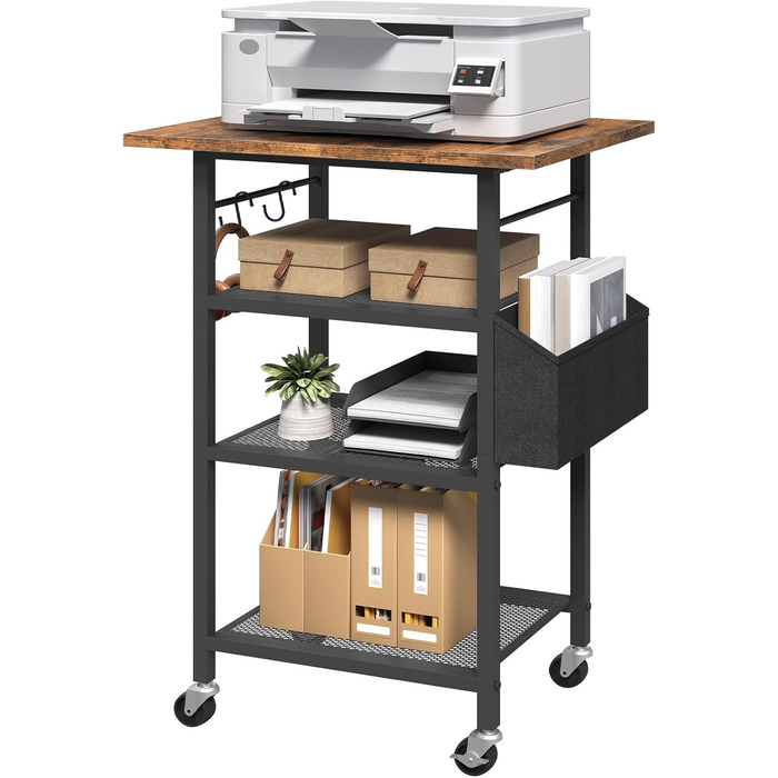 Трирівневий стіл для принтера, роликовий контейнер, стійка для принтера, полиця для зберігання, в індустріальному стилі, з бічною кишенею, дерев'яна полиця, 2 S-гачки, для домашнього офісу, рустикально-коричневий та чорний, APTHR2501 (50 x 40 x 81,5 см)