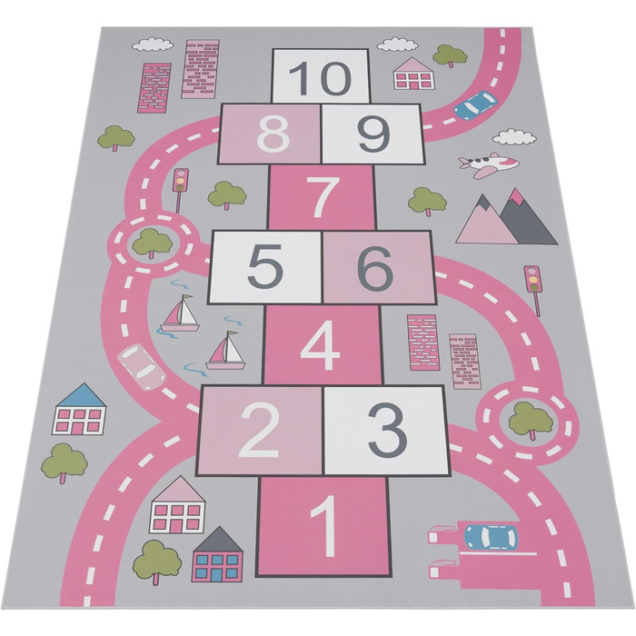 Дитяча кімната Дитячий килим Ігровий килим Вуличний дизайн з пружною коробкою Play Нековзний сіро-рожевий, Розмір (80 х 150 см)