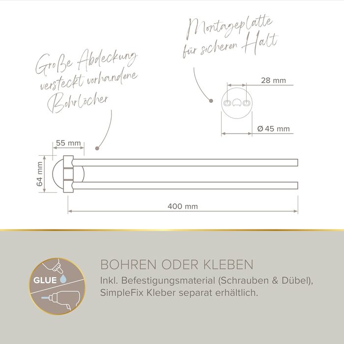 Тримач для рушників Lenz Juna, золото, 40 см, 2 поворотні руки, антифлерофільне покриття, монтаж на стіну (клей/свердління)