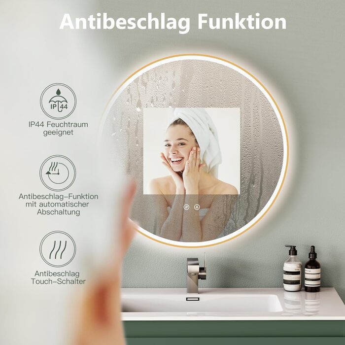 Дзеркало для ванної кімнати HOKO Design Riga діаметром 60 см з металевим каркасом. Кругле настінне дзеркало з енергозберігаючою LED-підсвіткою, сенсорним вимикачем, регулюванням кольору світла (тепле біле, холодне біле, нейтральне) (80x80 см, золото + ант