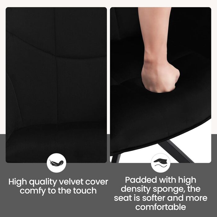 Крісла для їдальні WOLTU (2 шт.) – оббивка з жаккарду та вельвету, з металевими ніжками, для кухні, вітальні, їдальні (Чорний)