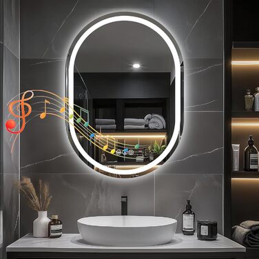 Дзеркало для ванної кімнати Trintion з підсвічуванням, овальне, 50x70 см, з годинником та сенсорним вимикачем, протизапотівальне, регульоване, 3 кольори світла (3500K-6500K)