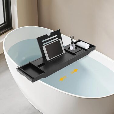 Підставка для ванни з бамбука Czurachel, чорна, регульована (75-111 см), стіл для ванни, піднос для туалетних аксесуарів, бритв та електронних пристроїв