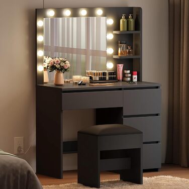 Дзеркальний туалетний столик YITAHOME з підсвічуванням та 4 шухлядами, чорний
