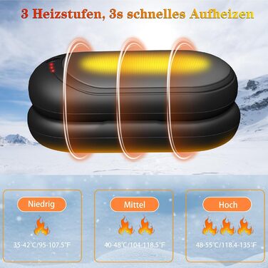 Електричний грієчка для рук, перезарядна, 2 шт. з акумулятором 6000mAh, USB-кабель, 3 режими нагріву, 20 годин тепла, перезарядна кишенькова пічка для активного відпочинку взимку (чорний, сірий)