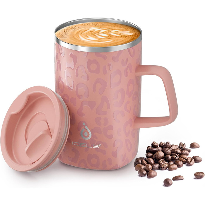 Кавова чашка Ideus® 470 мл з подвійними стінками, з нержавіючої сталі, з нековзним ручками та кришкою-ковпачком (Червоно-зебра, Рожева Леопард)
