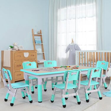 Дитячий стіл з 6 стільцями - комплект меблів для дитячого садка та кімнати, регульована висота, пластик, для хлопчиків та дівчаток (м'ятний)