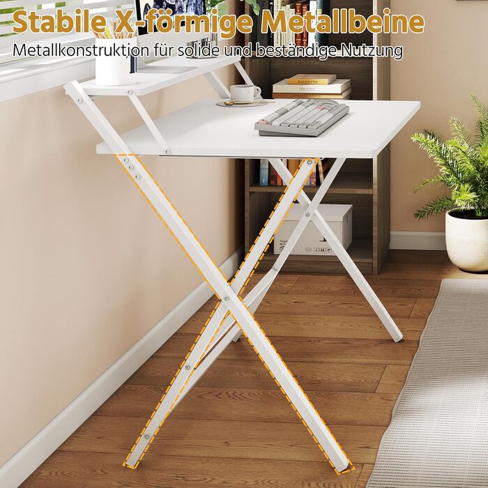 Складний стіл Yaheetech 80 см для комп'ютера з полицею, двоступінчастий робочий стіл з підставкою для монітора, стіл для ноутбука для дому/невеликих кімнат/вітальні, білий, 80 см x 50 см, 86.5x60.5x90 см