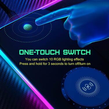 Ігрова килимок для миші RGB з бездротовою зарядкою Qi 15W, LED-підсвічування, 10 режимів, вологостійкий, протиковзкий, для геймінгу, офісу та дому (Чорний)