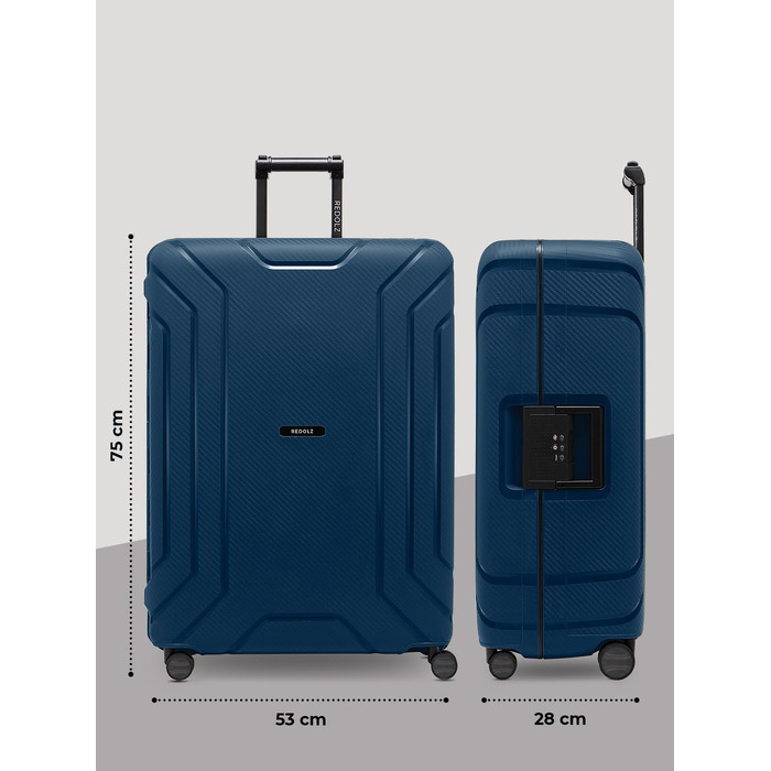 Набір валіз REDOLZ Hartschalen 3-ті, без замка-блискавки, з 3-точковим закриттям, з поліпропілену, 4 подвійні колеса, TSA-замок, для жінок та чоловіків (Essentials 15), Navy Blue, L (75 см)