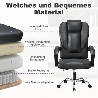 Офісний стіл Naspaulro Ergonomischer Bürostuhl з регульованою висотою та високою спинкою, м'яке сидіння, поворотний крісло з бавовняно-льняної тканини, коліщата, для роботи (чорний, шкіра)